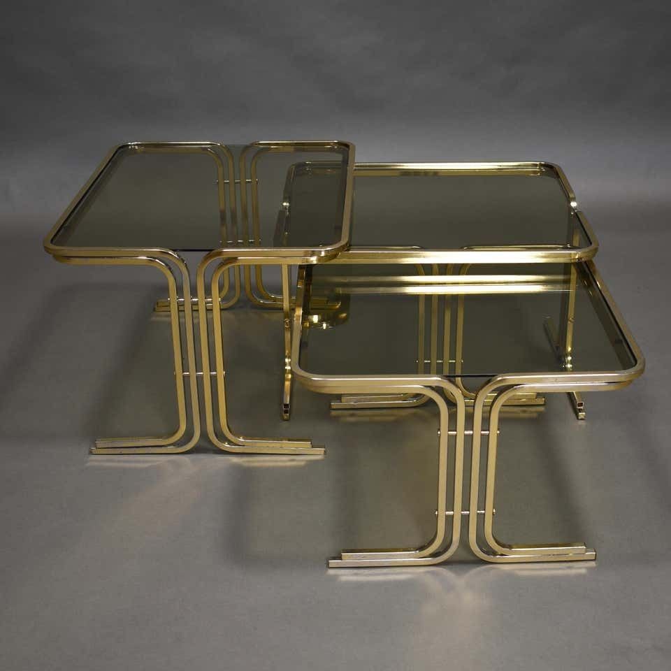 photo for sale Italian 1970s Nesting Tables Gold / Smoked Glass, Italy, Circa 1970