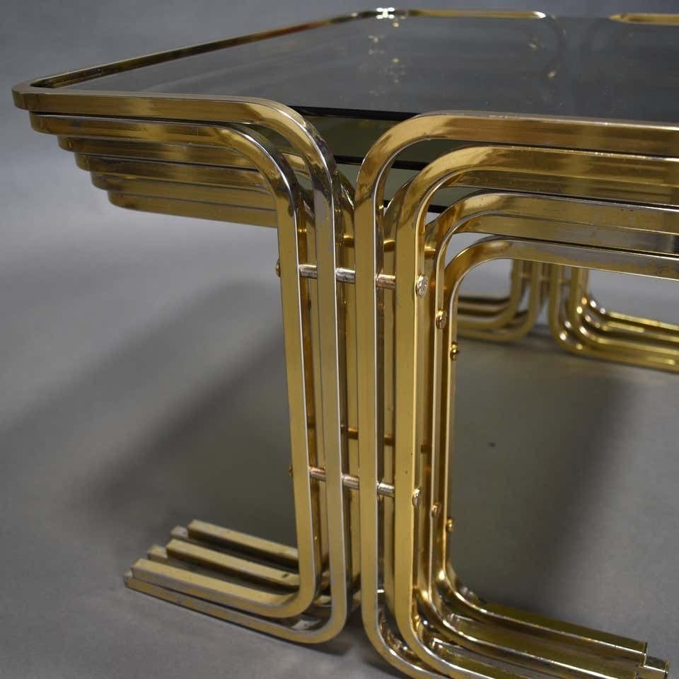 photo vintage Italian 1970s Nesting Tables Gold / Smoked Glass, Italy, Circa 1970