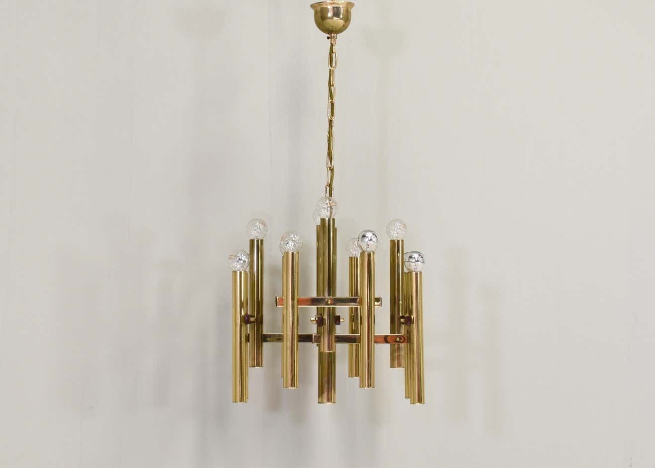 Gaetano Sciolari Chandelier 12 Spot Brass Pendant Lamp, Italy, Circa 1970 photo furniture