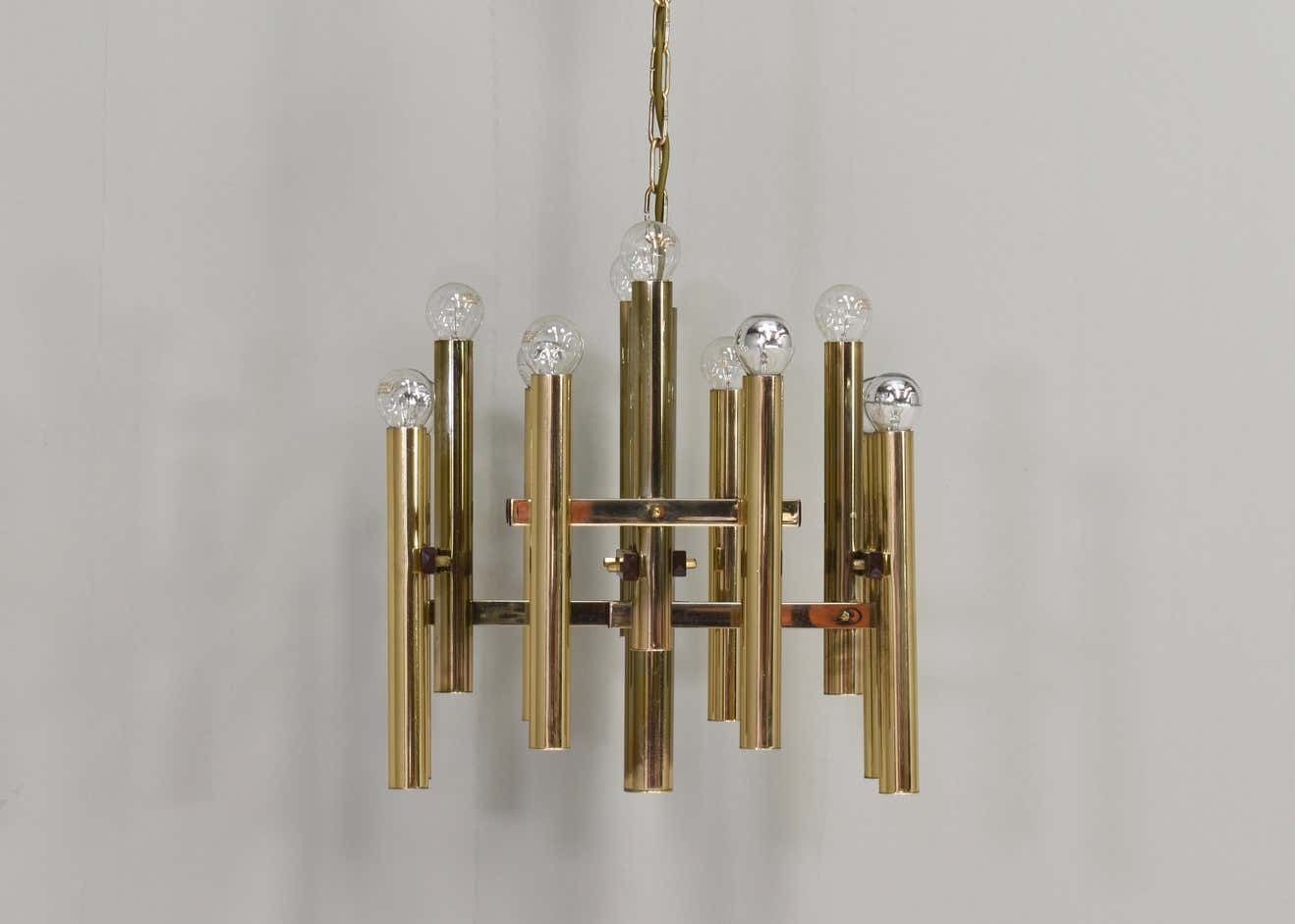 Gaetano Sciolari Chandelier 12 Spot Brass Pendant Lamp, Italy, Circa 1970 photo for sale