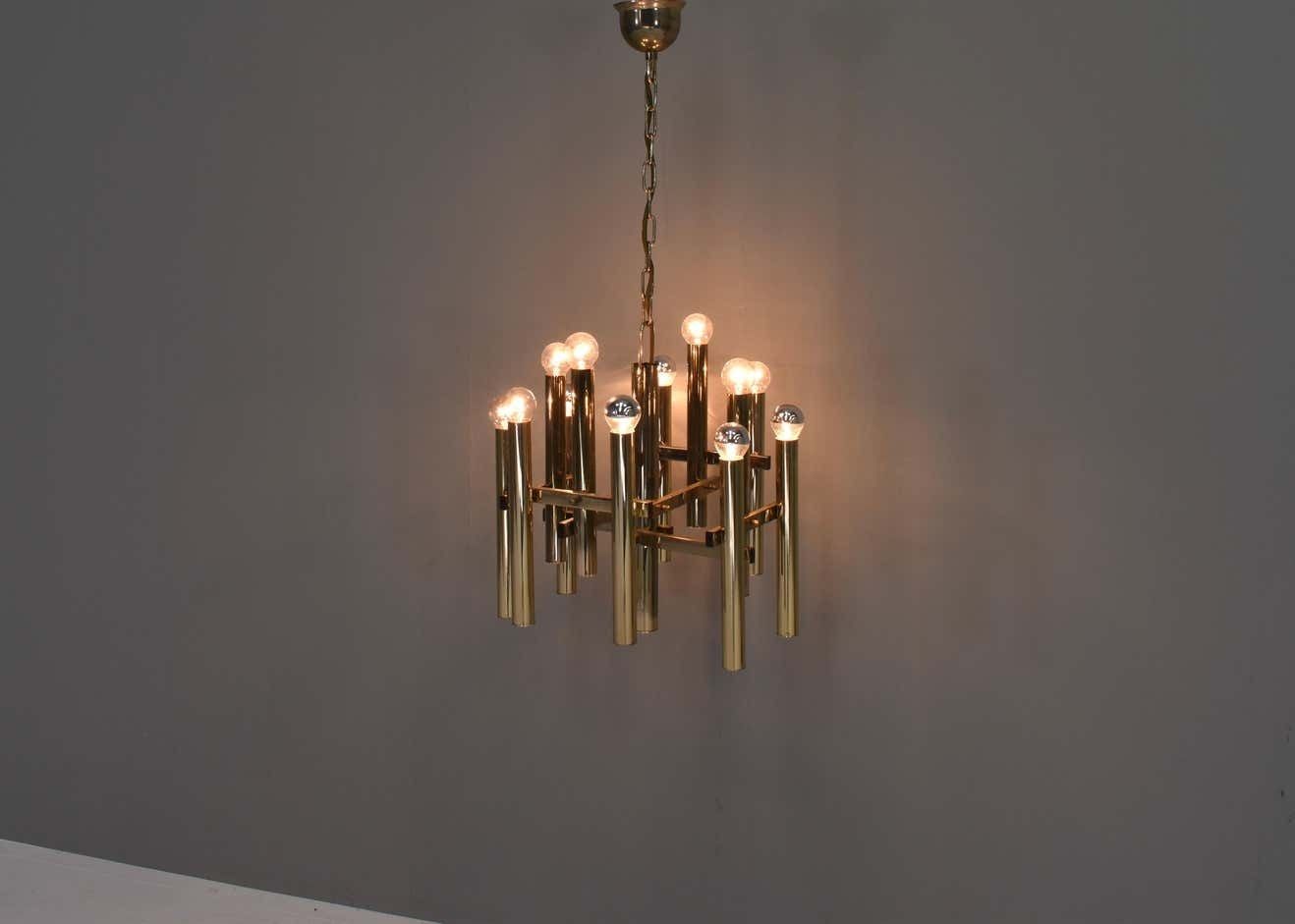 Gaetano Sciolari Chandelier 12 Spot Brass Pendant Lamp, Italy, Circa 1970 photo 2530.32