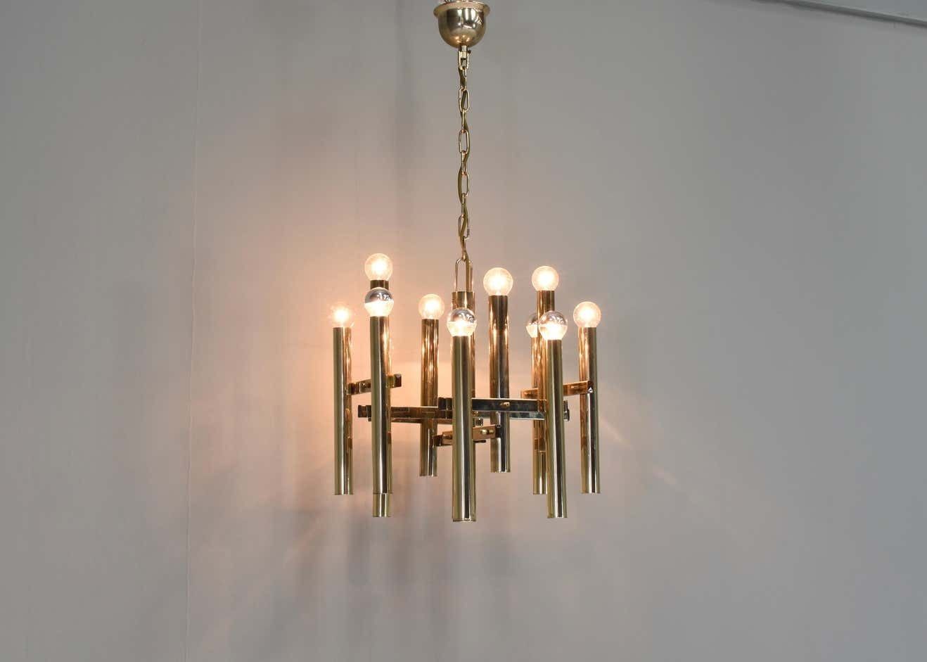 Gaetano Sciolari Chandelier 12 Spot Brass Pendant Lamp, Italy, Circa 1970 photo buy
