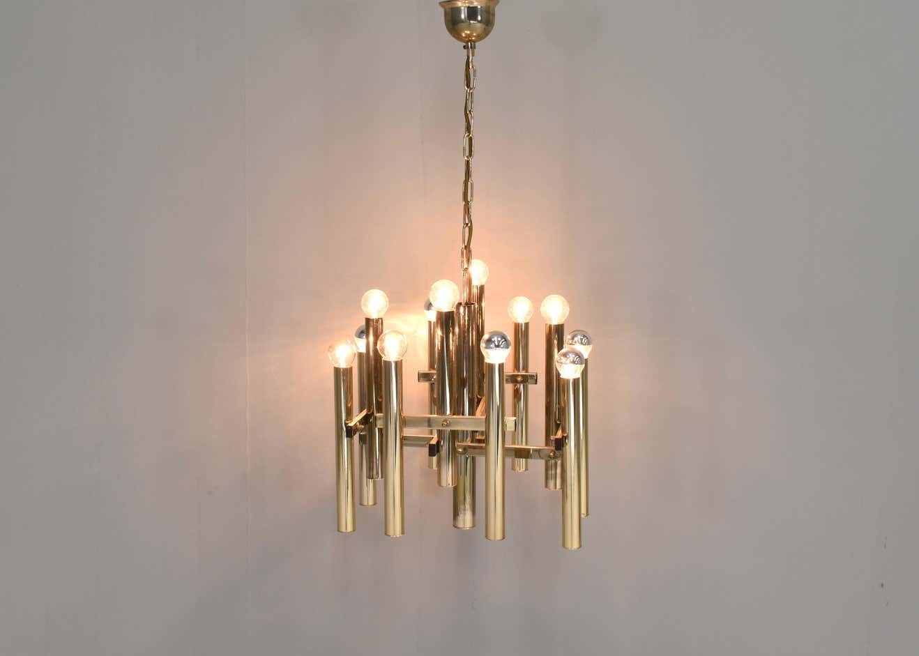 Gaetano Sciolari Chandelier 12 Spot Brass Pendant Lamp, Italy, Circa 1970 photo vintage