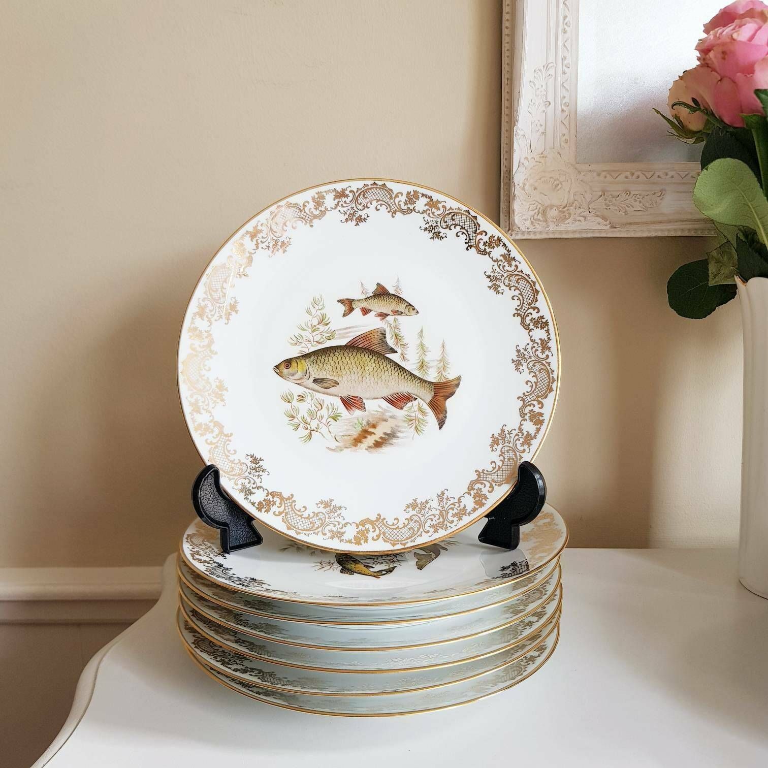 Franse Limoges Porseleinen Viscollectie, Set Voor 12 Personen photo for sale