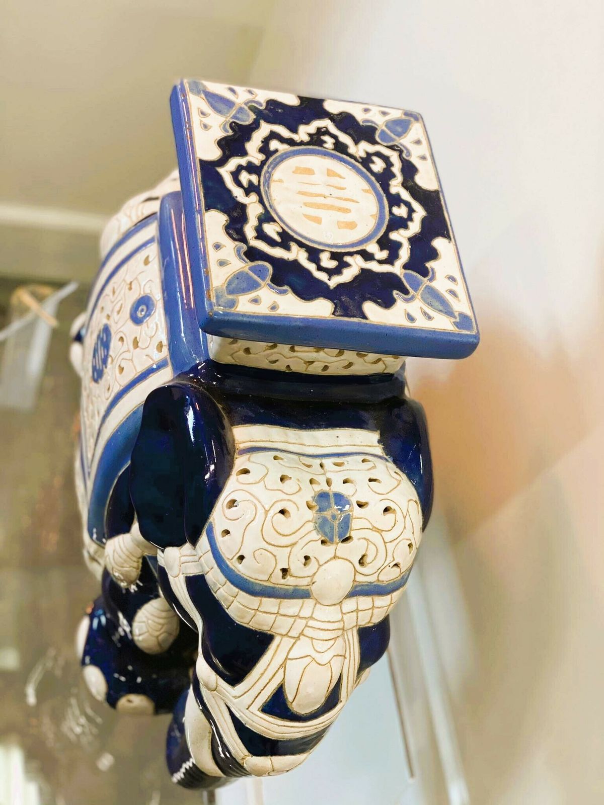 photo for sale Chinoiserie Ceramic Lucky Elephant Plant Stand In Blue And Cream.