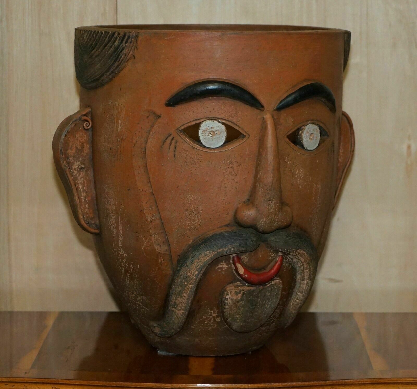 Pair Of 1960's Vintage Mexican Folk Art Terracotta Head Face Planter Plant Pots photo for sale