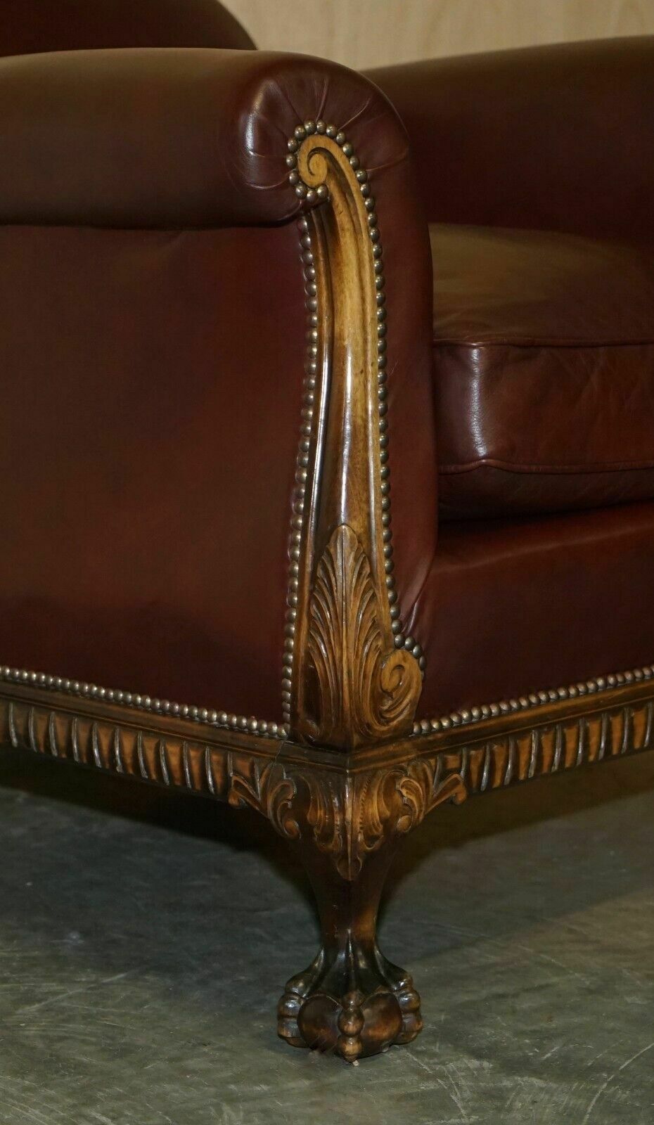 photo for sale Antique Victorian Pair Of Claw & Ball Feet Brown Leather Walnut Club Armchairs