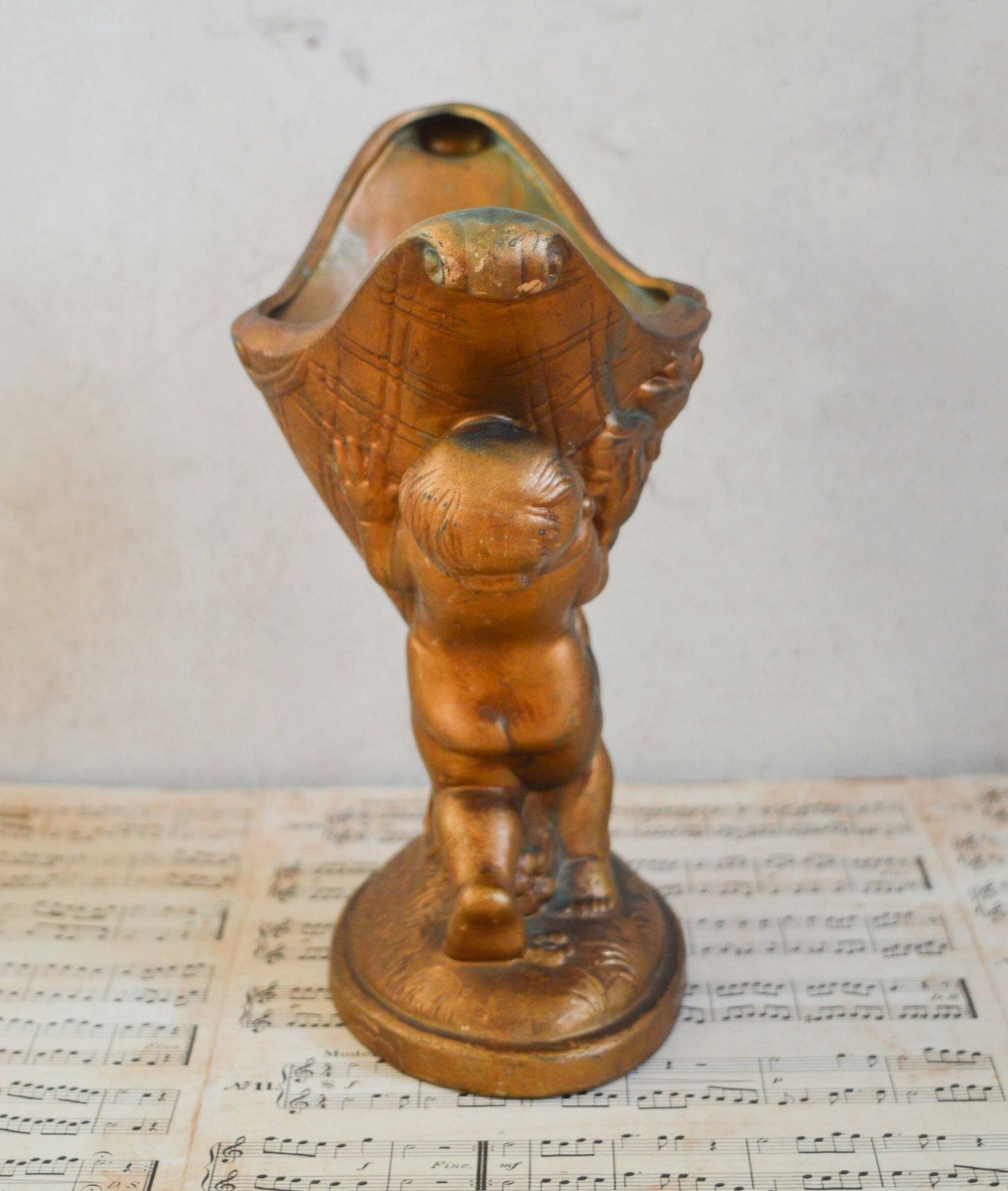 Rare Antique Cherub Gold Vase, Art Nouveau Baby Cherub Ornate Planter 22x20cm photo 50.0