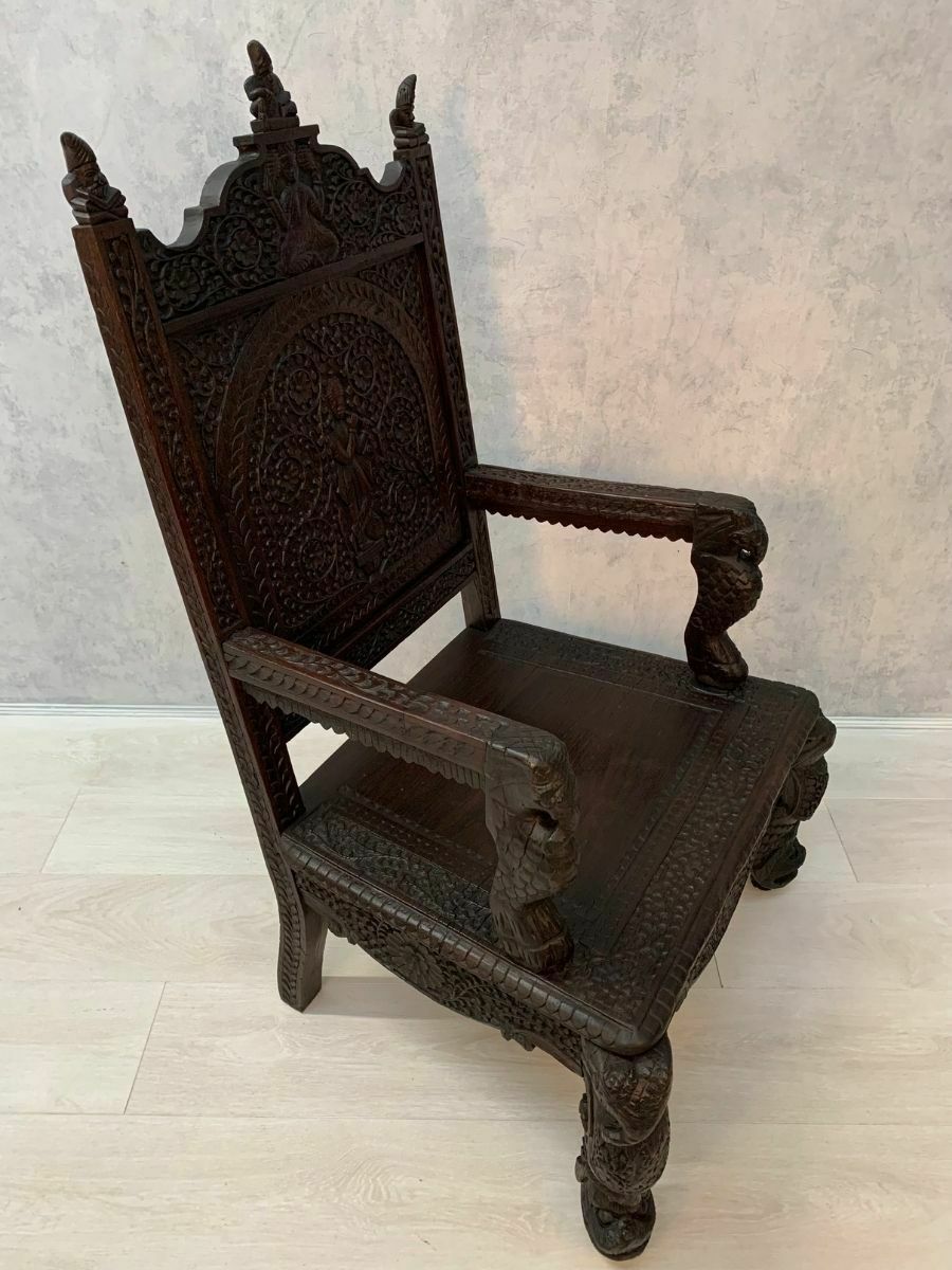 19th Profusely Carved Indian Moghul Armchair photo vinterior