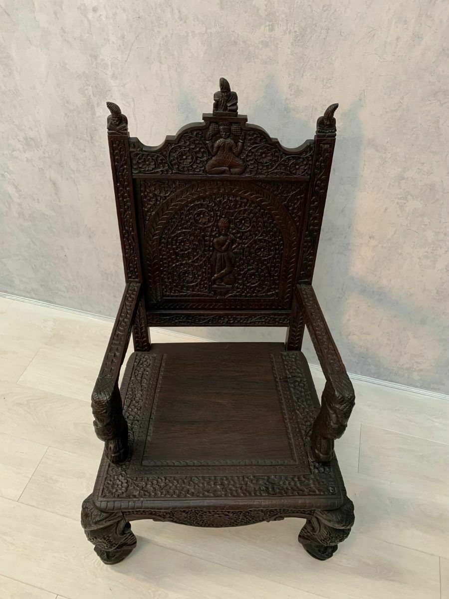19th Profusely Carved Indian Moghul Armchair photo vintage