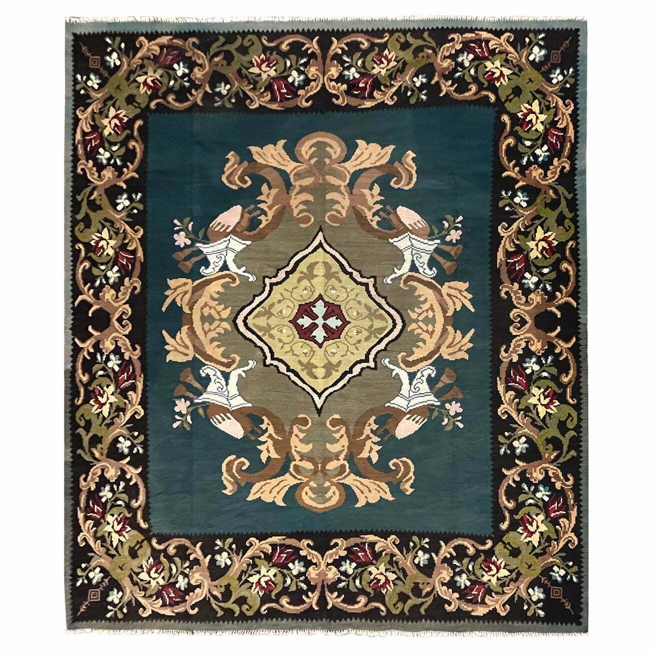 Teal Green Kilim Rug Handwoven Oriental Carpet Moldavian Area Rug