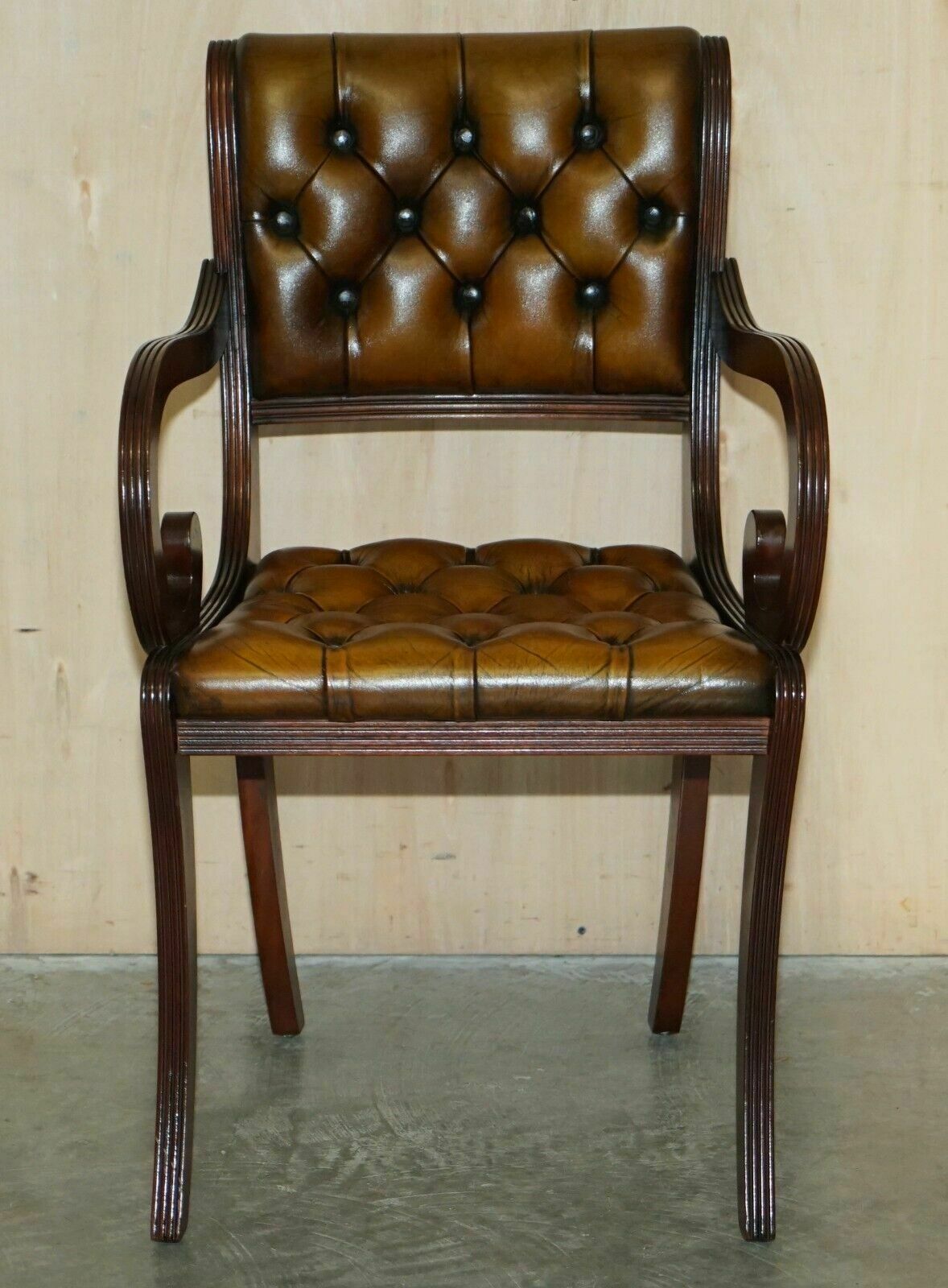 Furniture Eight Vintage Mahogany Fully Restored Chesterfield Brown Leather Dining Chairs 8 photo