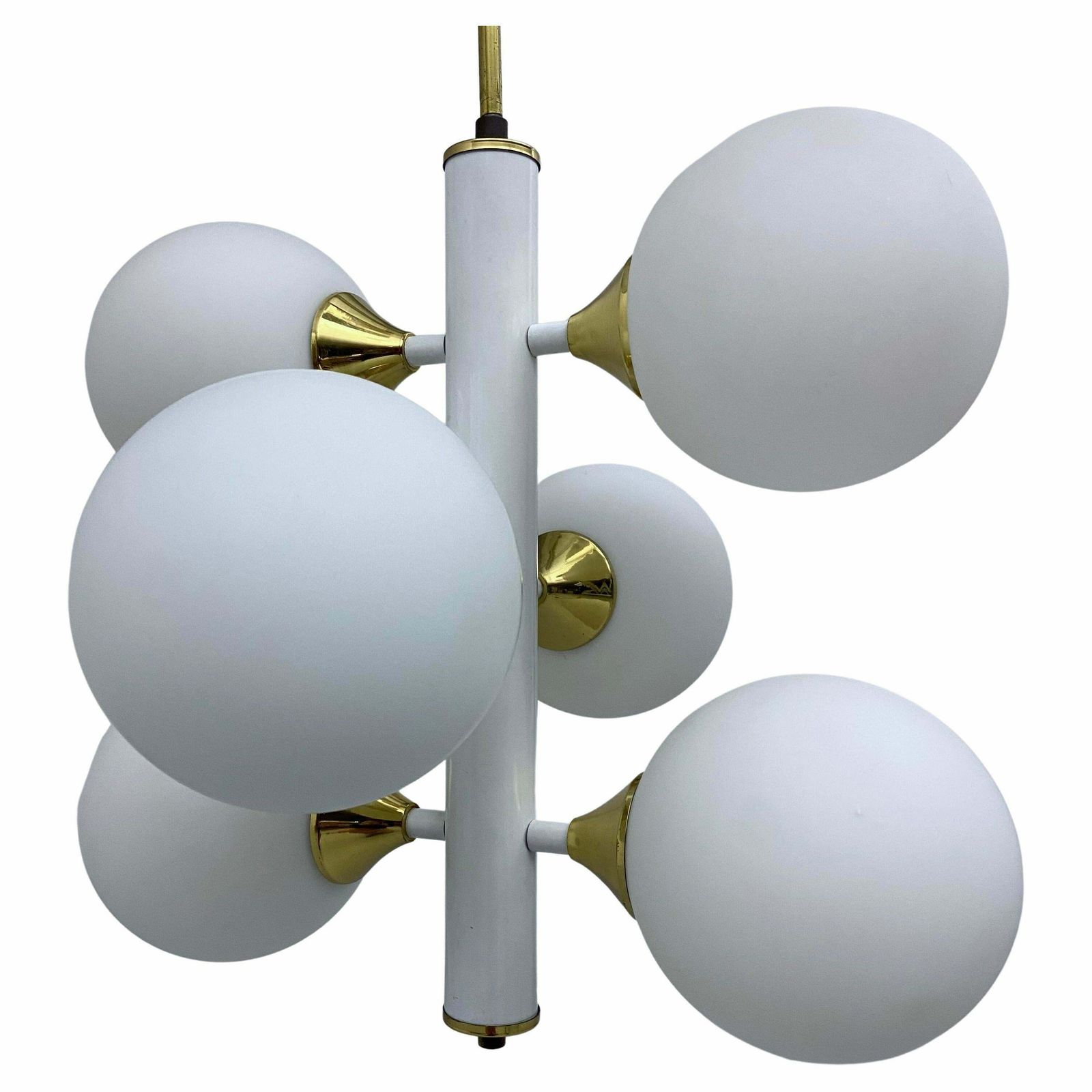Kaiser Leuchten Sputnik In Messing En Metaal Met 6 Opaline Lampen, Duitsland, Jaren 1970
