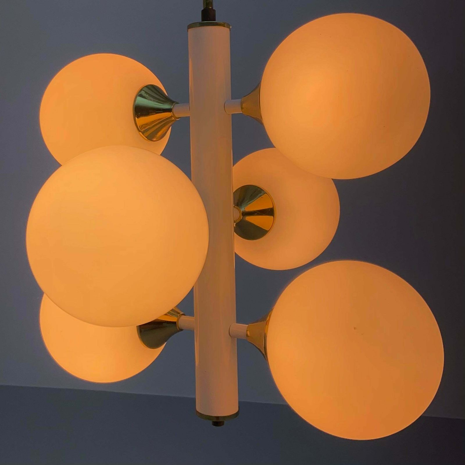 Kaiser Leuchten Sputnik In Brass And Metal With 6 Opaline Bulbs, Germany, 1970's photo vinterior