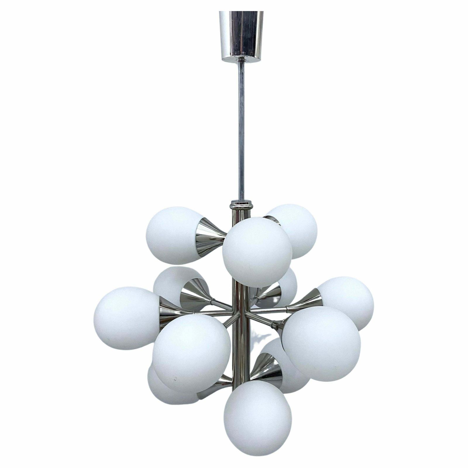 Sputnik In Metal And 12 White Opaline Teardrops By Kaiser Leuchten, 1960's
