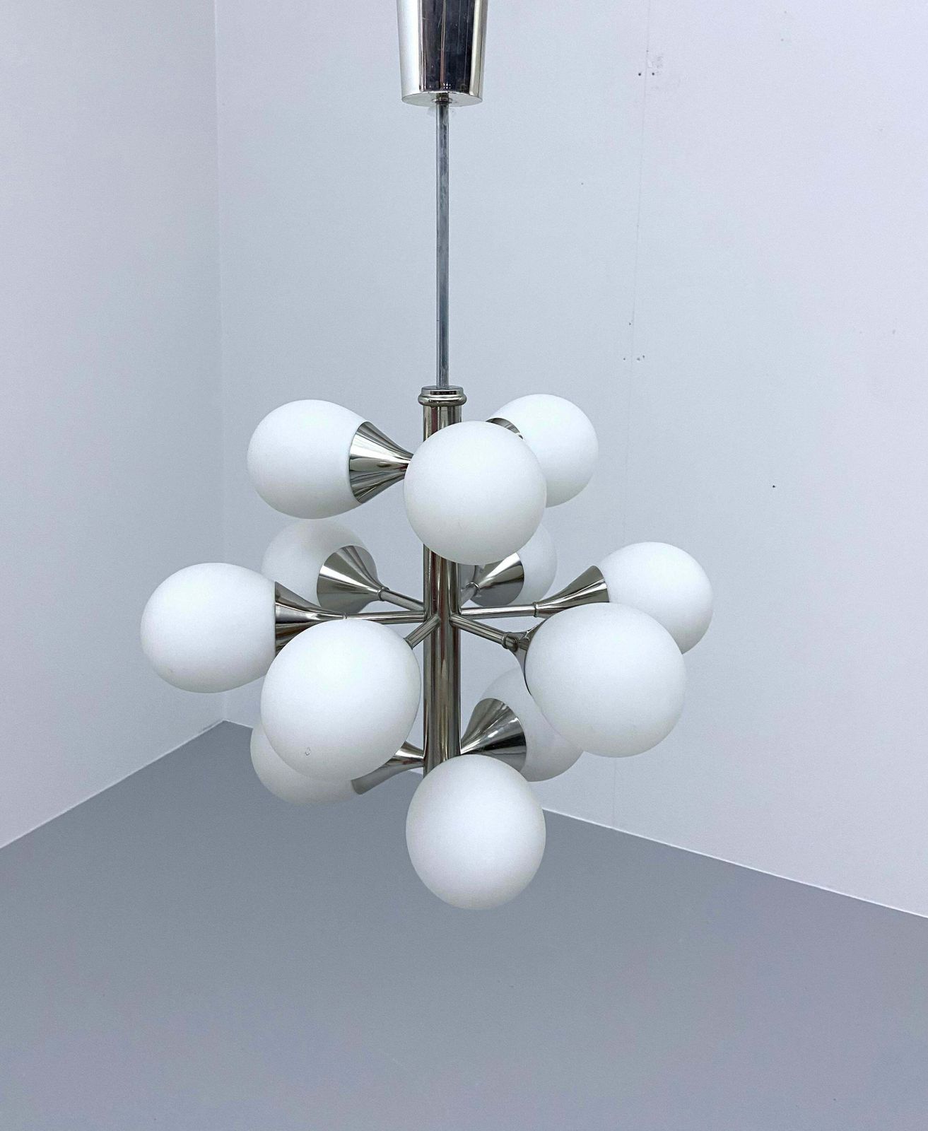 Sputnik In Metal And 12 White Opaline Teardrops By Kaiser Leuchten, 1960's photo furniture