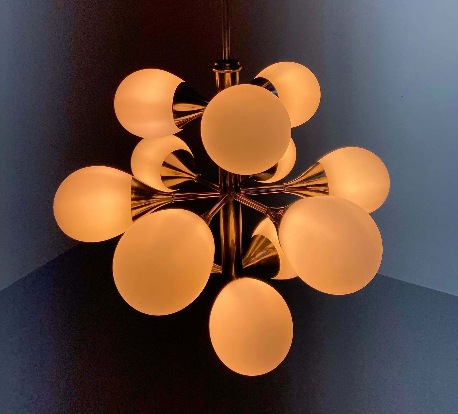 Sputnik In Metal And 12 White Opaline Teardrops By Kaiser Leuchten, 1960's photo vinterior