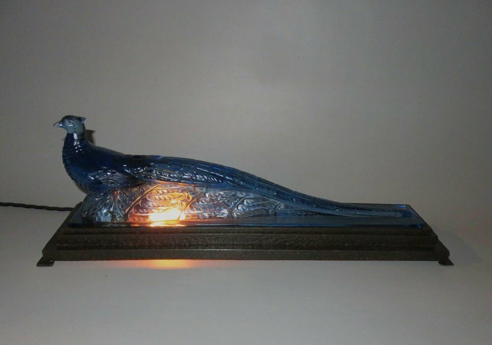Extraordinary Art Deco Table Lamp "Peacock" In Blue Glass From Verlys France 1920s photo 9113.7
