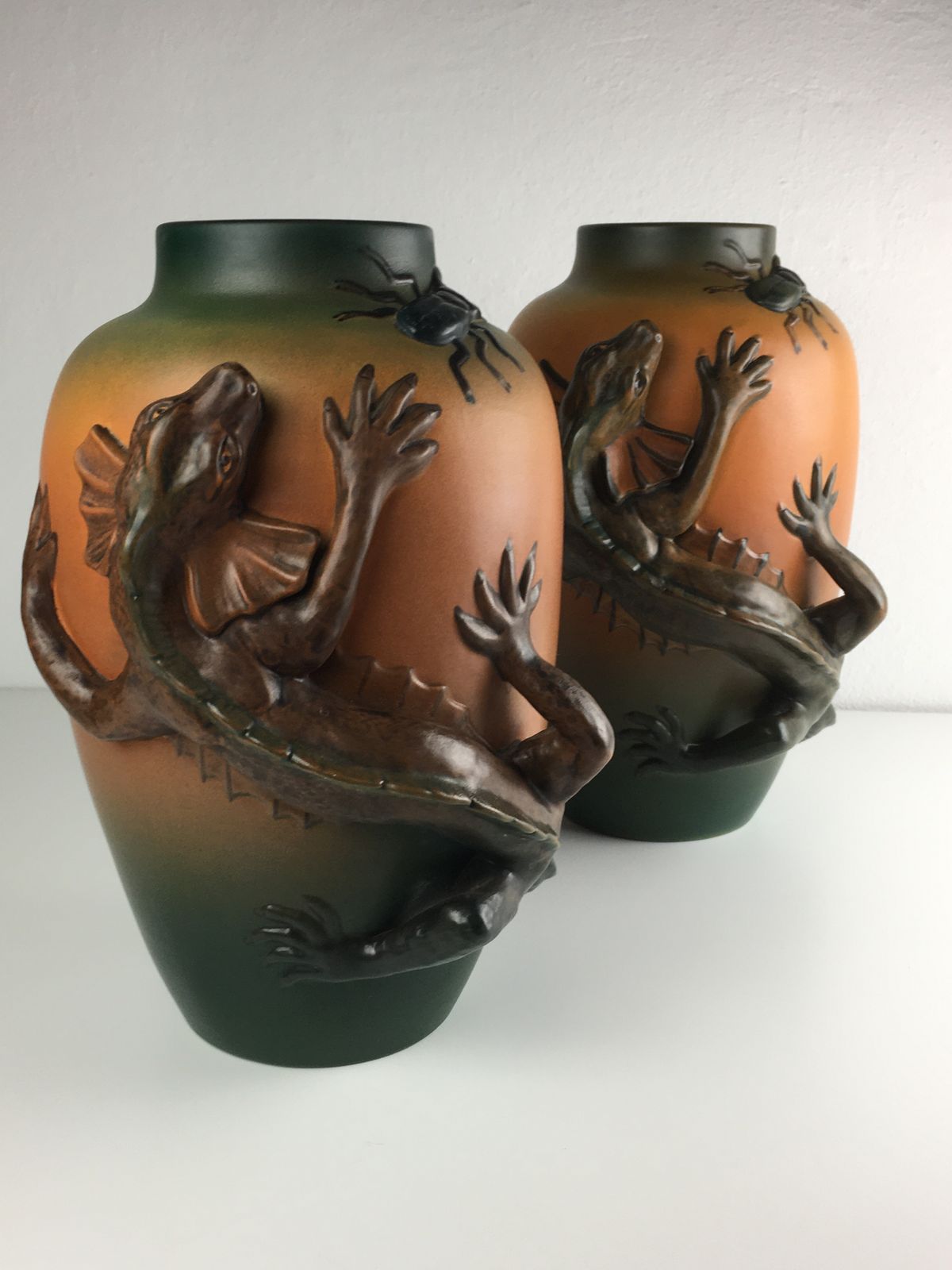 Set Of Two Hand Crafted Danish Art Nouveau Lizard Vases By P. Ipsens Enke 1890's