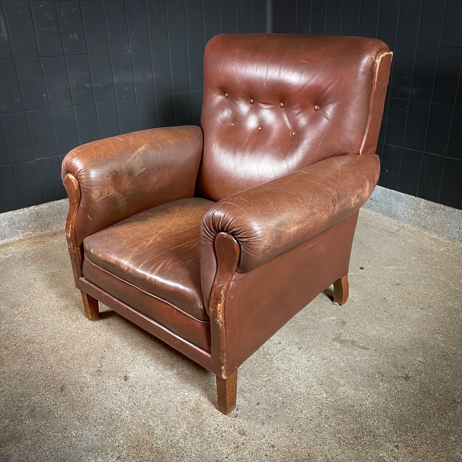 Large Brown Leather Lived Club Armchair photo furniture