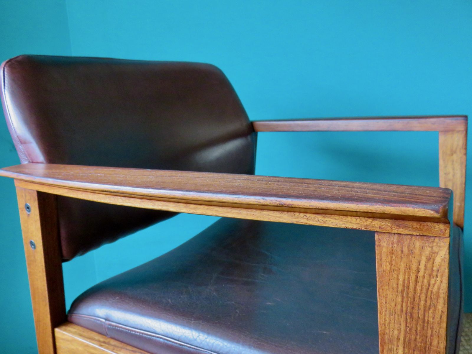 Pair Of Padouk And Plum Leather Armchairs. Denmark 1960 photo vinterior