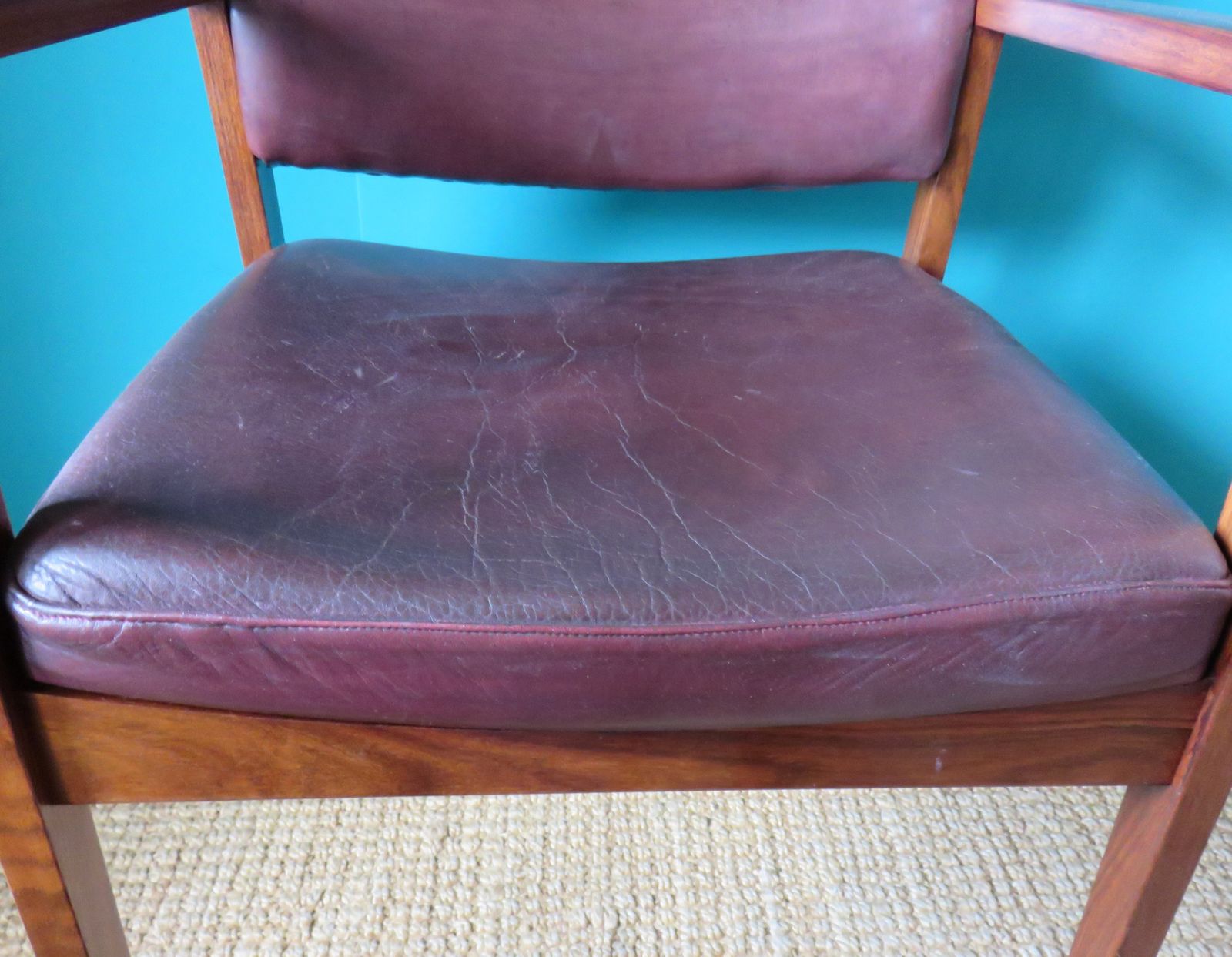 photo furniture Pair Of Padouk And Plum Leather Armchairs. Denmark 1960