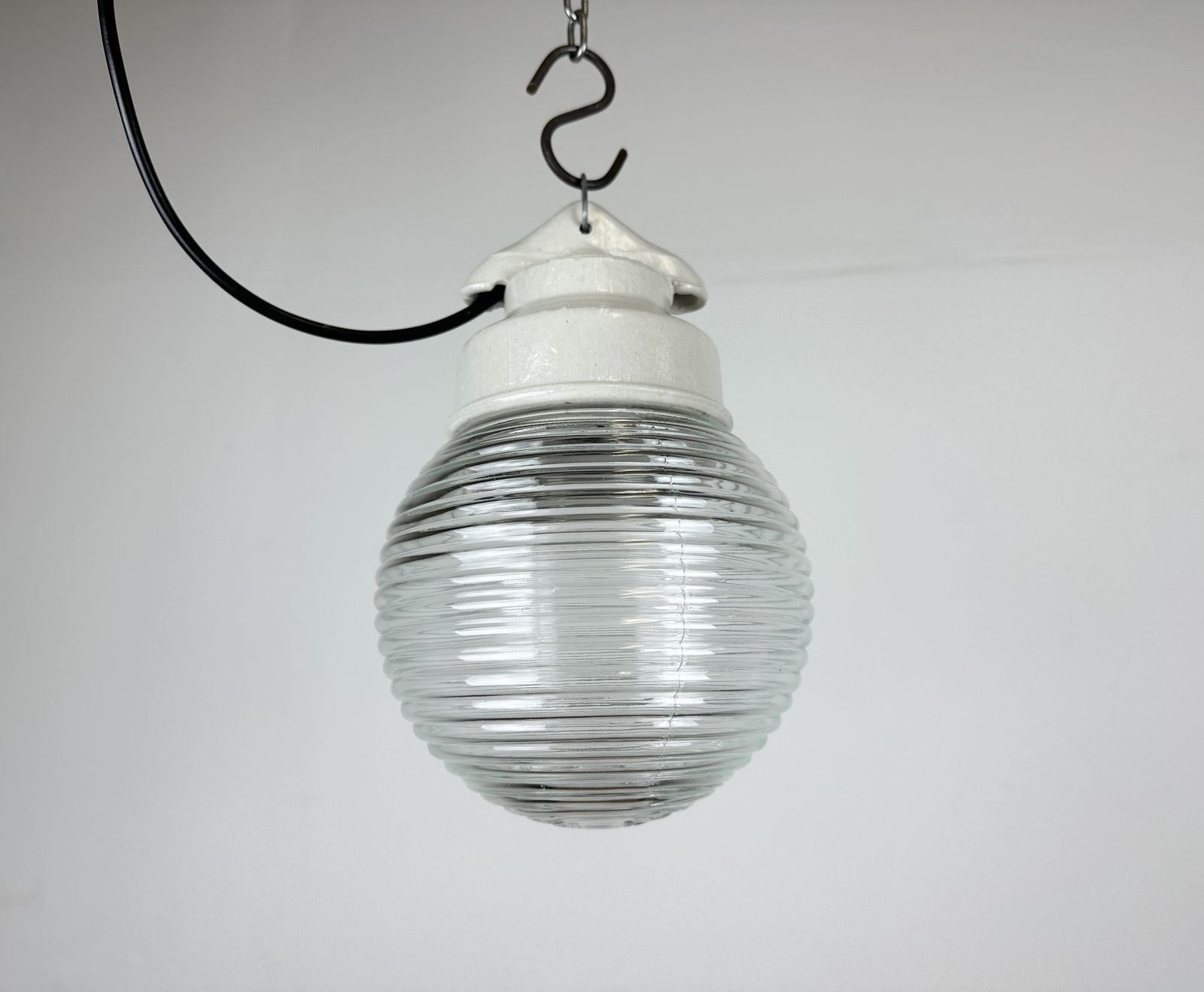 Industrial White Porcelain Pendant Light With Ribbed Glass, 1970s, 3x photo vintage