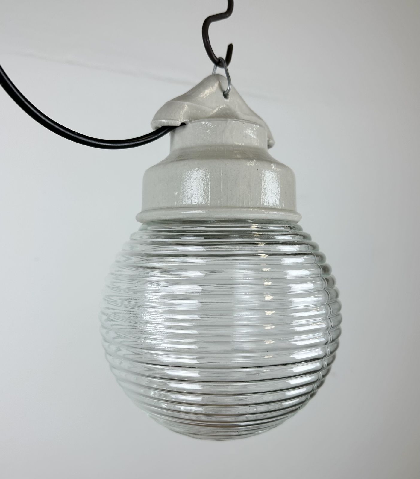 159.0 Industrial White Porcelain Pendant Light With Ribbed Glass, 1970s, 3x photo