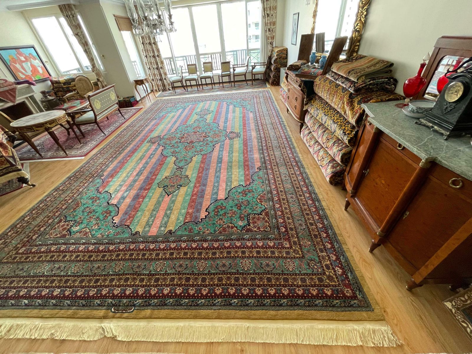 Oversized Carpet Striped Rug, Fine Exclusive Handmade Wool Silk Kurdish Rug photo vinterior