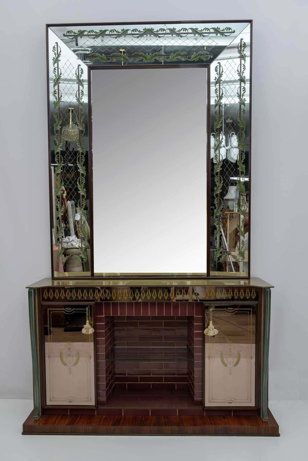 Luigi Brusotti Mid Century Modern Italian Bar Cabinet With Decorated Mirror, 40s photo vinterior