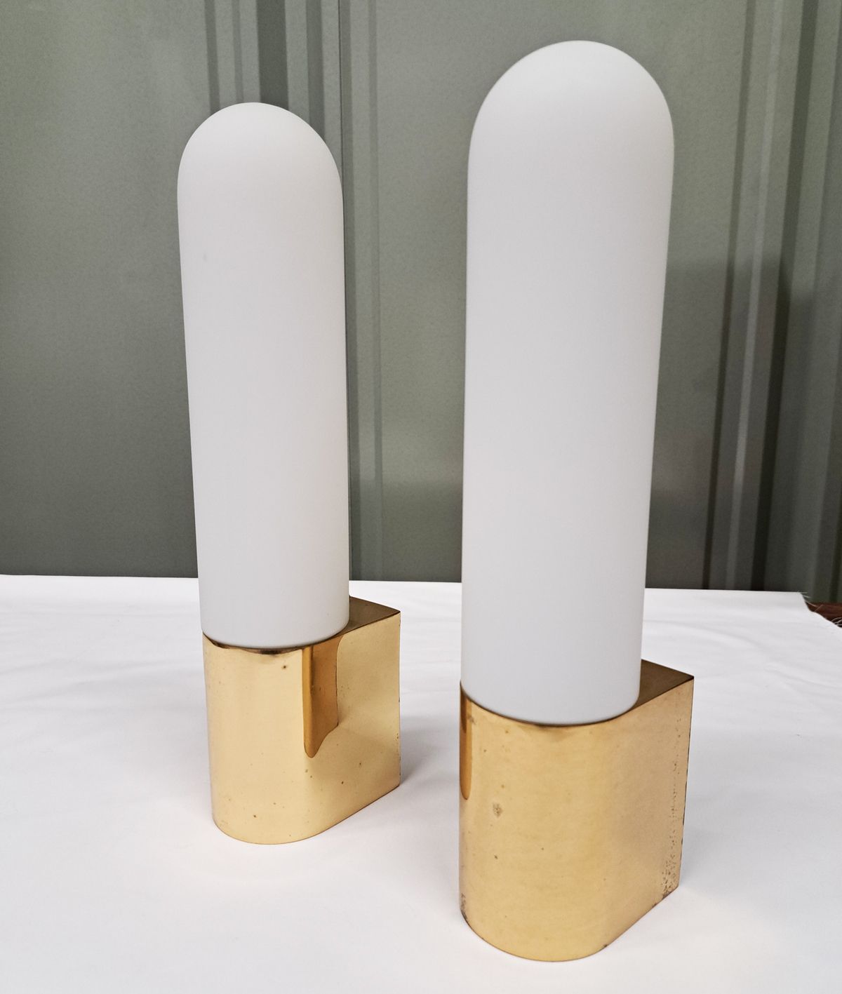 Mid Century Pair Of Brass Wall Lights With Opaline Glass By Limburg, Germany photo vinterior