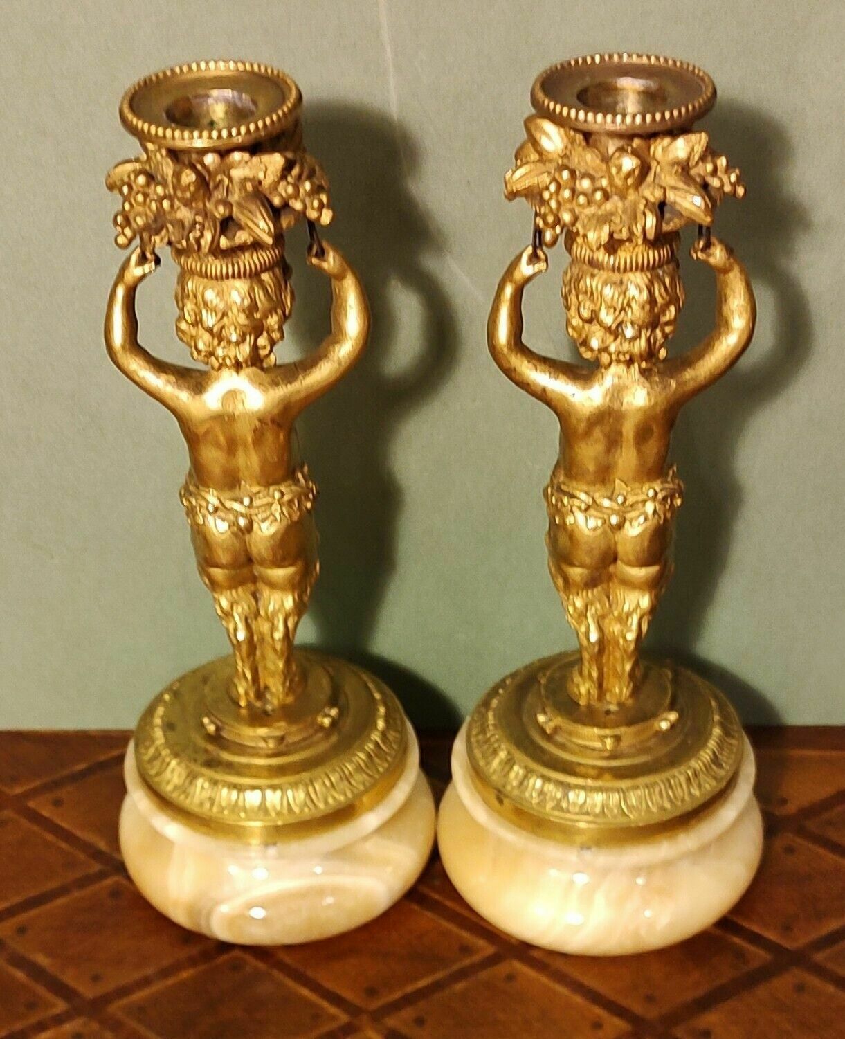 Rare Pair Antique French Gilt Bronze Ormolu Candlesticks Bacchic Fauns On Onyx photo for sale
