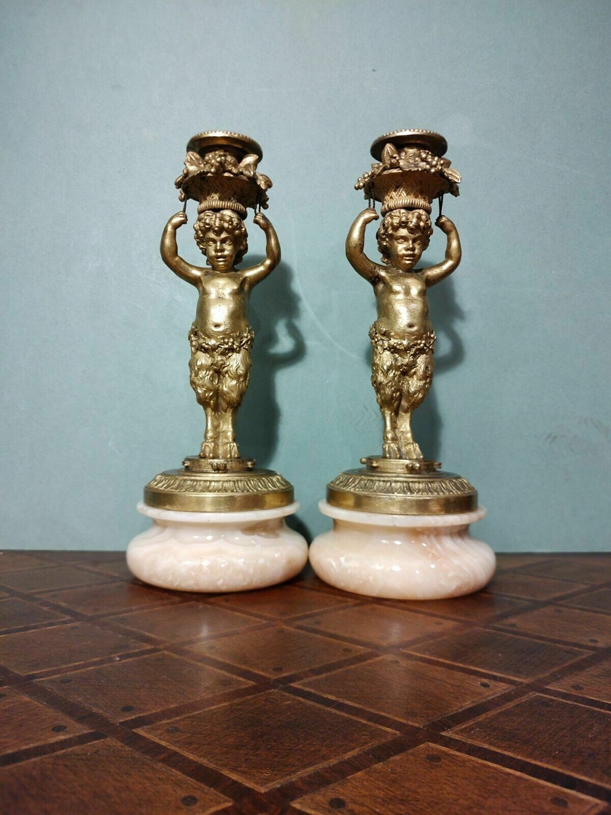 Rare Pair Antique French Gilt Bronze Ormolu Candlesticks Bacchic Fauns On Onyx photo Home Decor