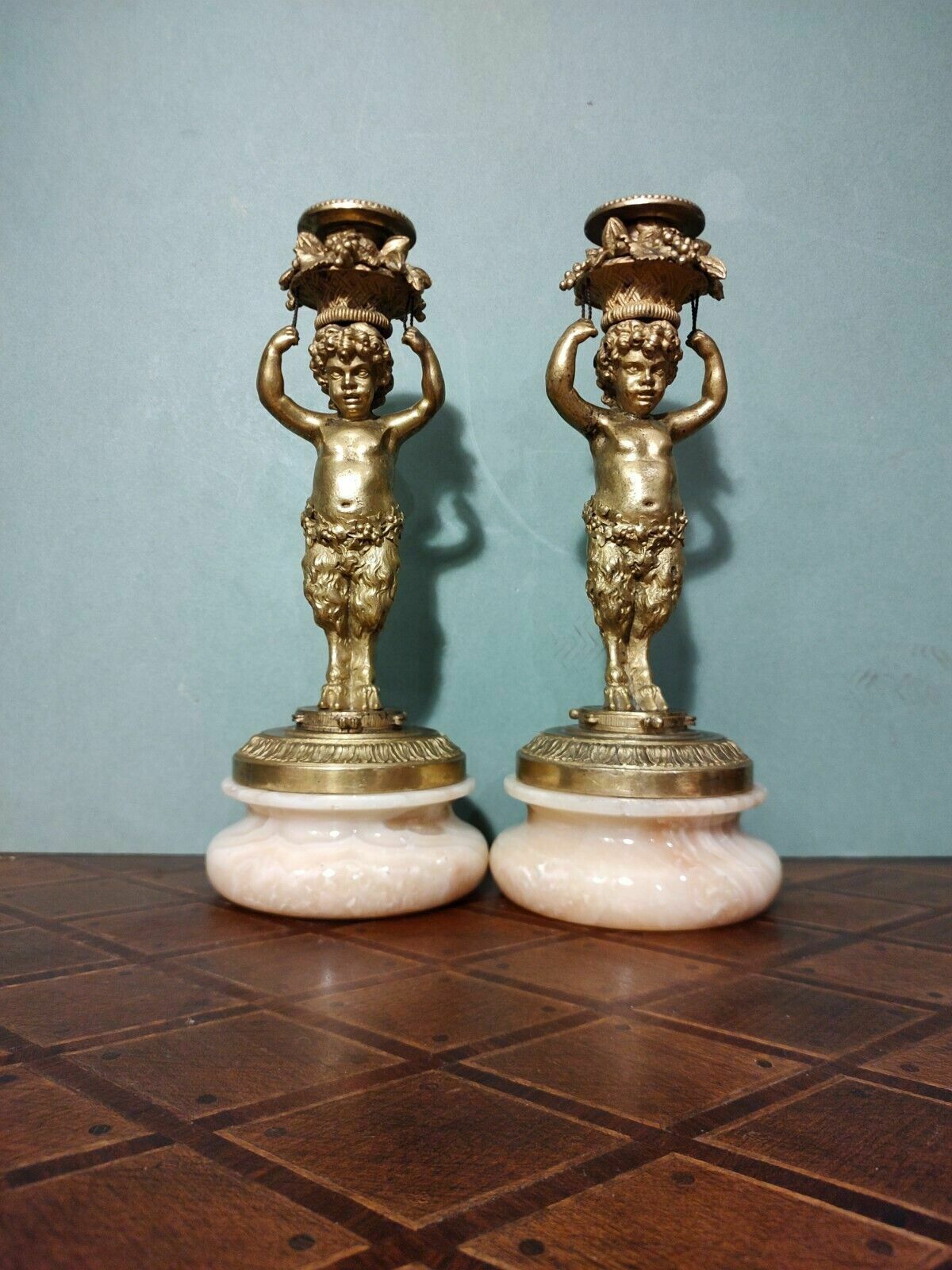 Rare Pair Antique French Gilt Bronze Ormolu Candlesticks Bacchic Fauns On Onyx photo 899.0