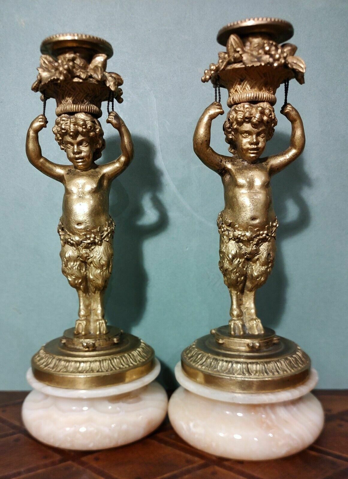 Rare Pair Antique French Gilt Bronze Ormolu Candlesticks Bacchic Fauns On Onyx photo vintage