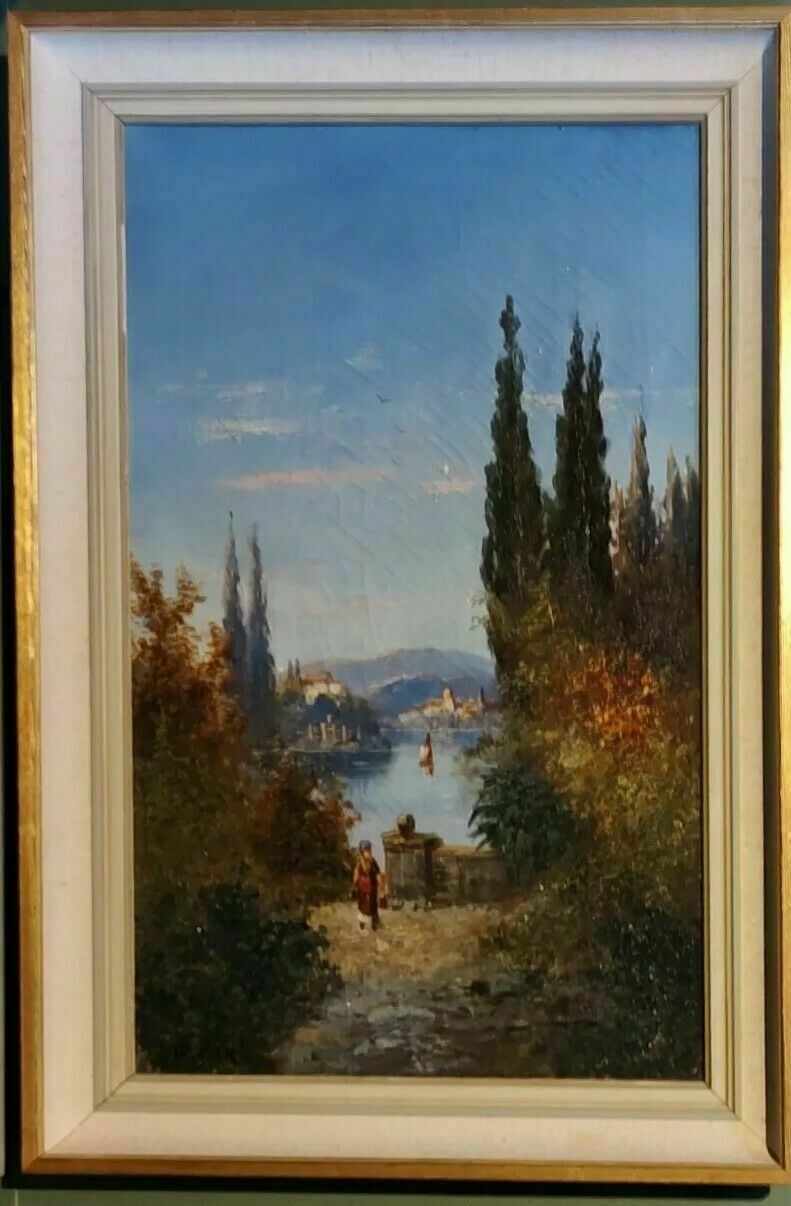 Rare Great Campaign Antique Oil Painting Lake Como Italy Signed H Waldeck C1870 photo for sale