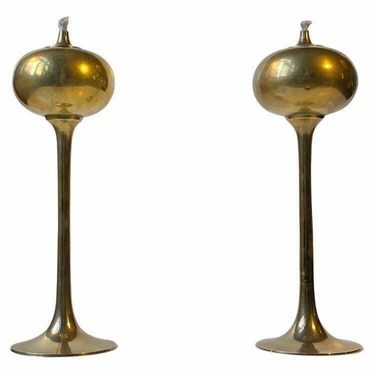 Scandinavian Modern Trumpet Oil Lamps In Brass, 1970s photo furniture