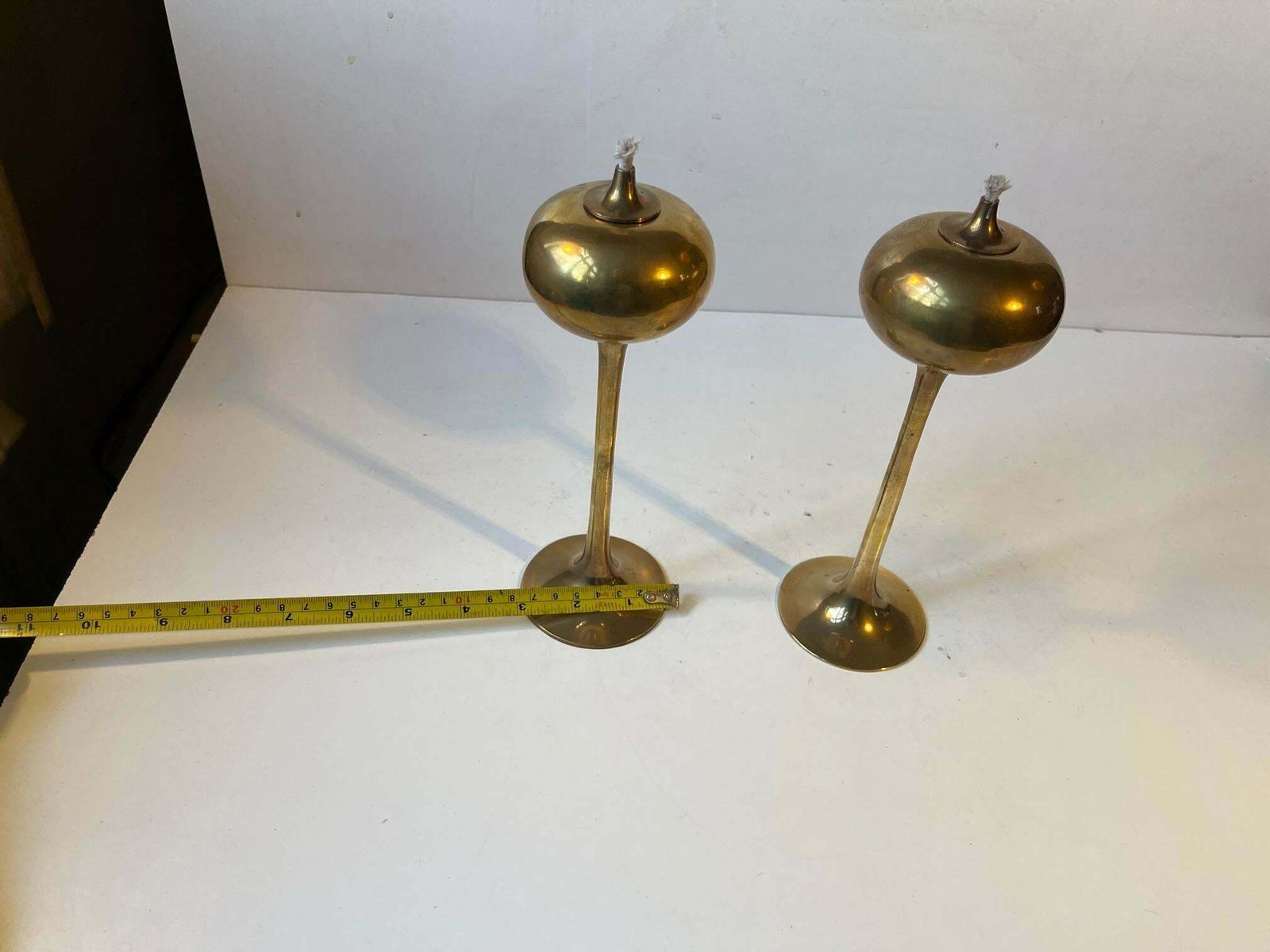 Scandinavian Modern Trumpet Oil Lamps In Brass, 1970s photo vintage