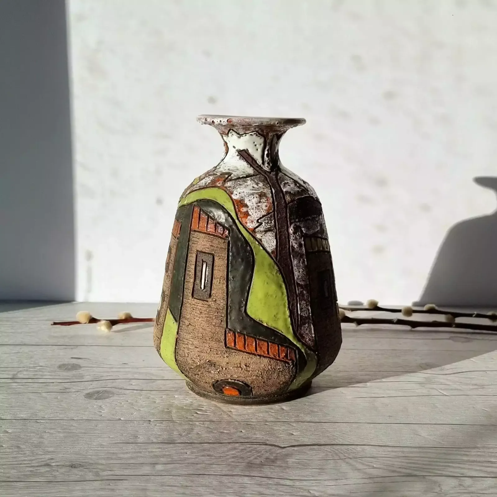 Fratelli Fanciullacci, Stylised Town Series, Sgraffito On Clay, Gloss And Lava Glaze Décor Vase photo furniture