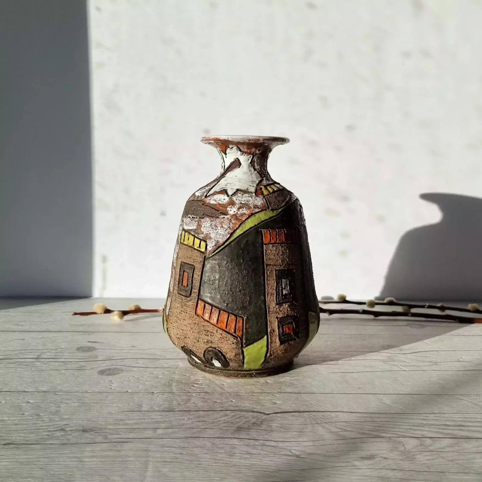 Fratelli Fanciullacci, Stylised Town Series, Sgraffito On Clay, Gloss And Lava Glaze Décor Vase photo buy