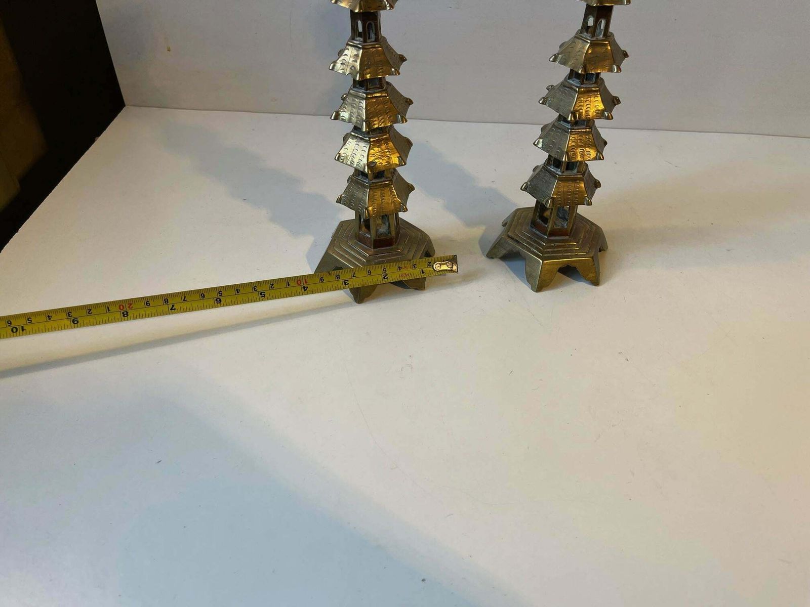 Pair Of Old Chinese Pagoda Candlesticks In Brass photo vintage