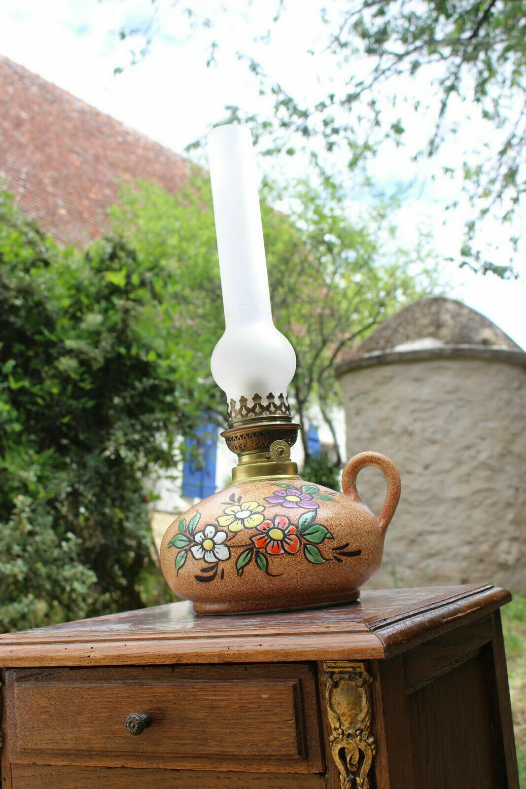 French Vintage Table Desk Oil Lamp Ceramic + Glass Shade Chimney Handpainted 19c photo Lighting