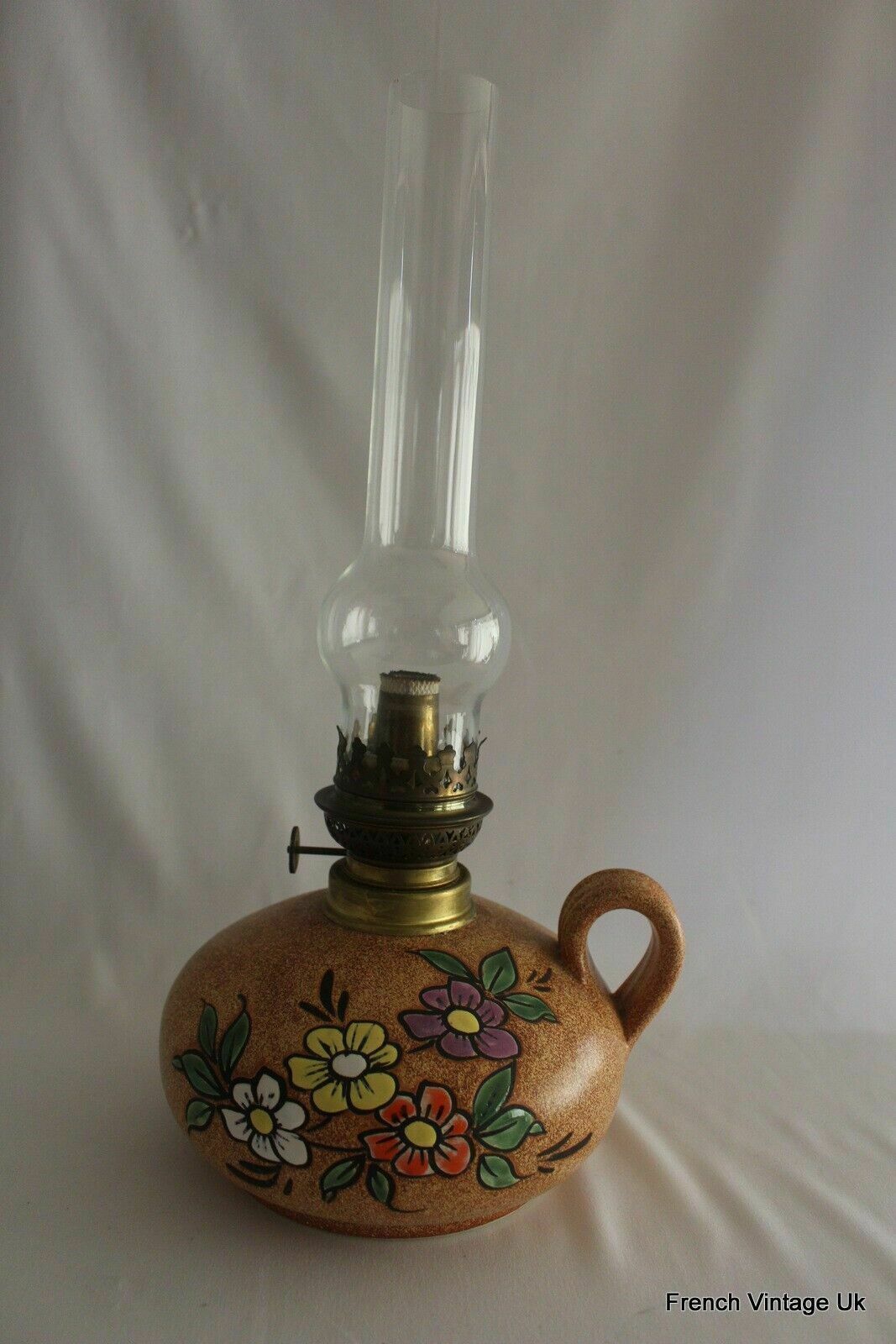 French Vintage Table Desk Oil Lamp Ceramic + Glass Shade Chimney Handpainted 19c photo vintage