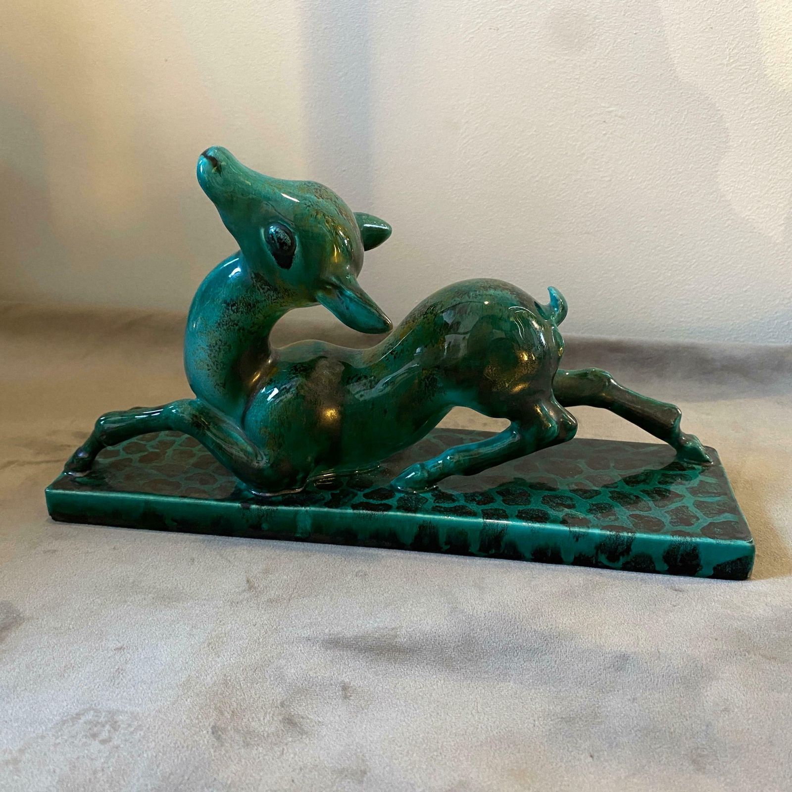 1930s Egisto Fantechi Art Deco Green Ceramic Italian Sculpture Of A Fawn photo Art