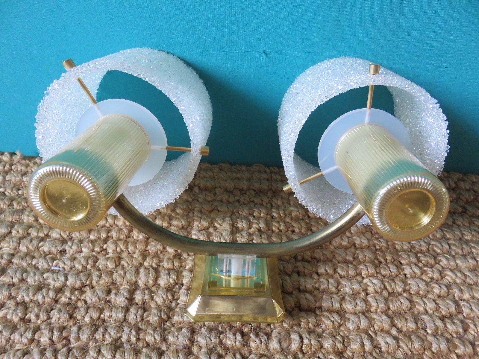 Pair Of Brass And Gold Plastic Wall Lights With Granite Shades. France 1950 photo 130.0