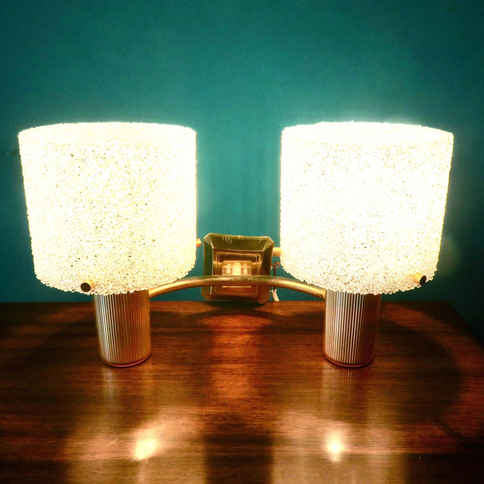 Pair Of Brass And Gold Plastic Wall Lights With Granite Shades. France 1950 photo vinterior