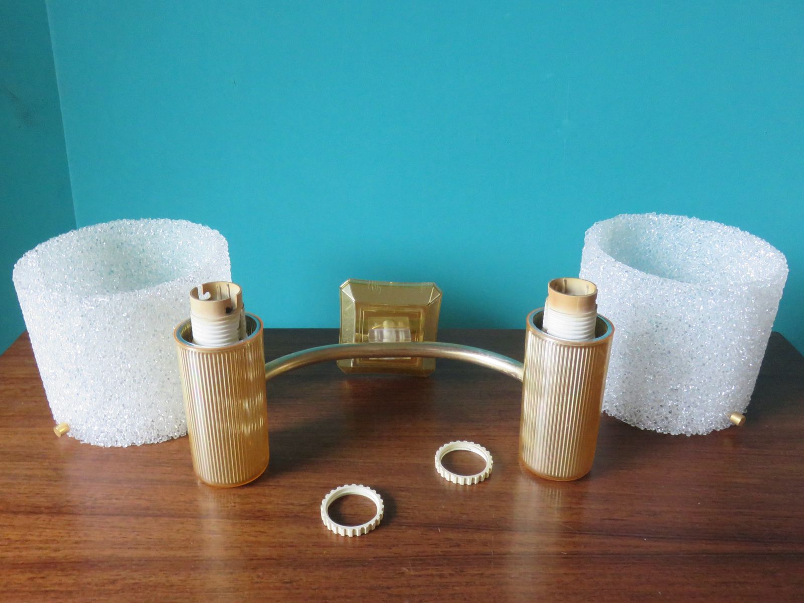 Pair Of Brass And Gold Plastic Wall Lights With Granite Shades. France 1950 photo buy
