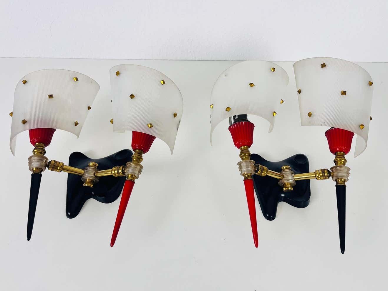 Pair Of 2 Brass And Plexiglass Wall Lamps By Maison Arlus, 1960, France photo Lighting