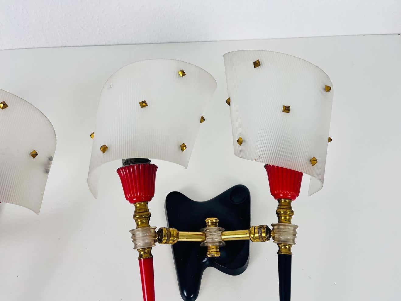 Pair Of 2 Brass And Plexiglass Wall Lamps By Maison Arlus, 1960, France photo buy