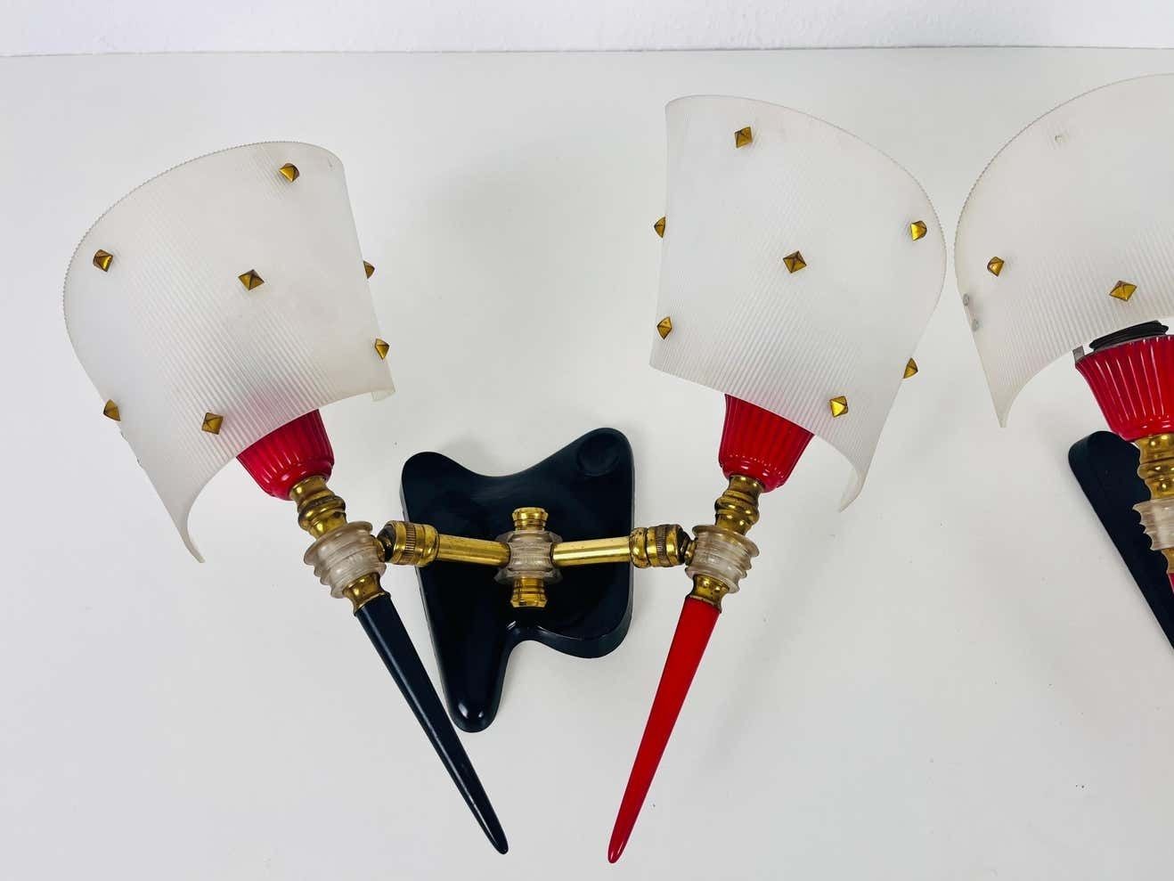 photo for sale Pair Of 2 Brass And Plexiglass Wall Lamps By Maison Arlus, 1960, France